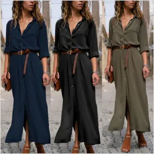 V-neck Long Dress With Belt Design