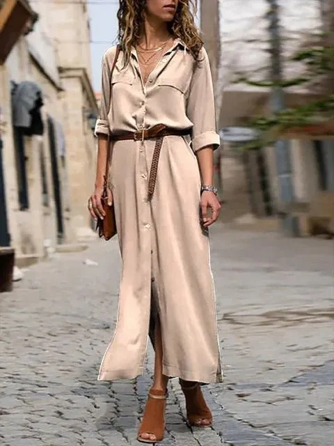 V-neck Long Dress With Belt Design
