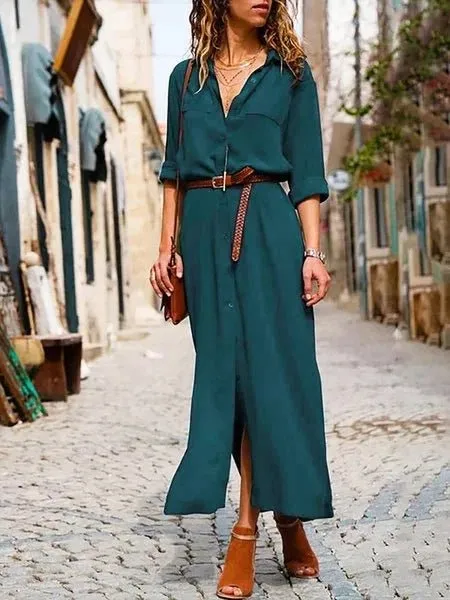 V-neck Long Dress With Belt Design
