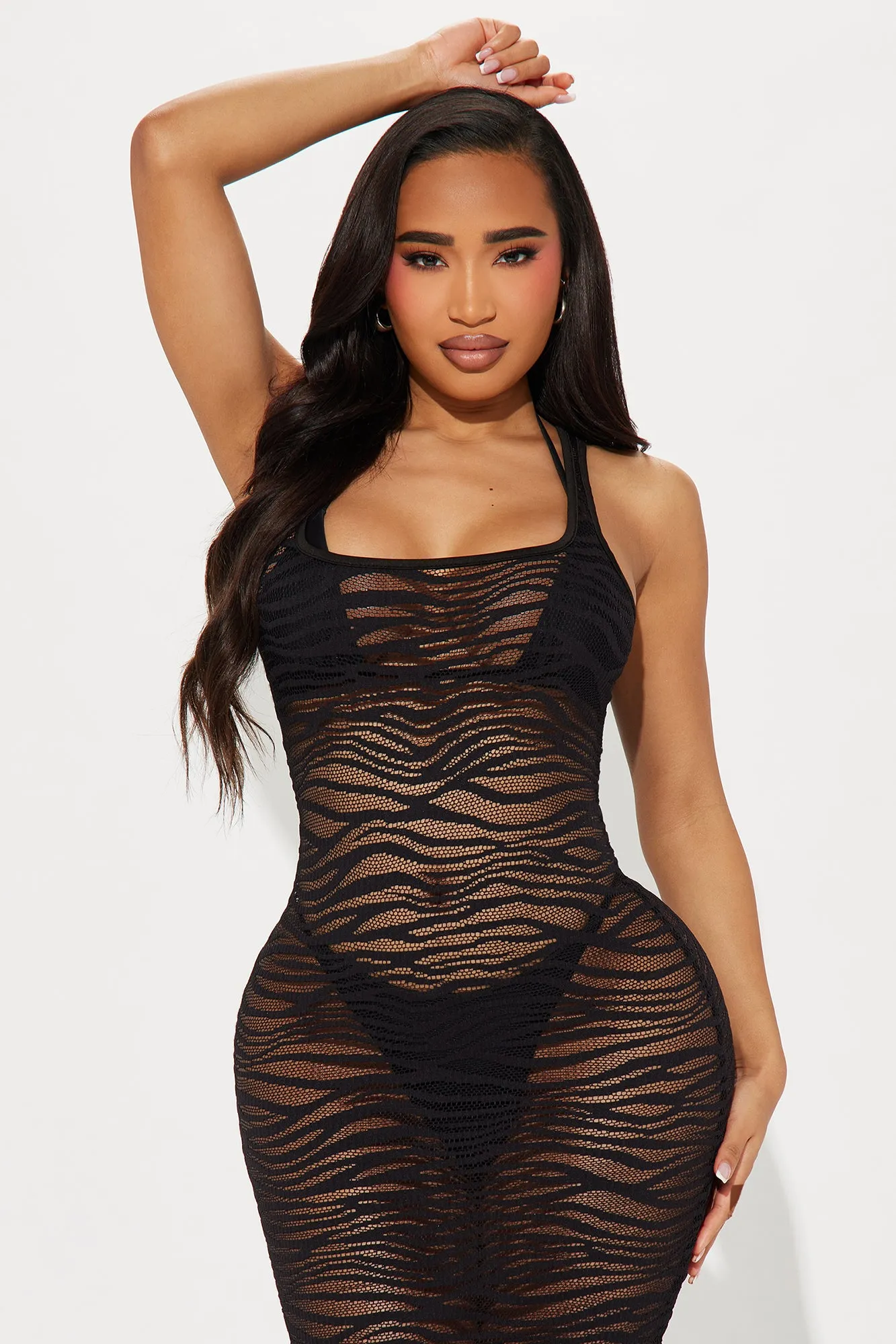 Vacation Ready Zebra Fishnet Cover Up Midi Dress - Black