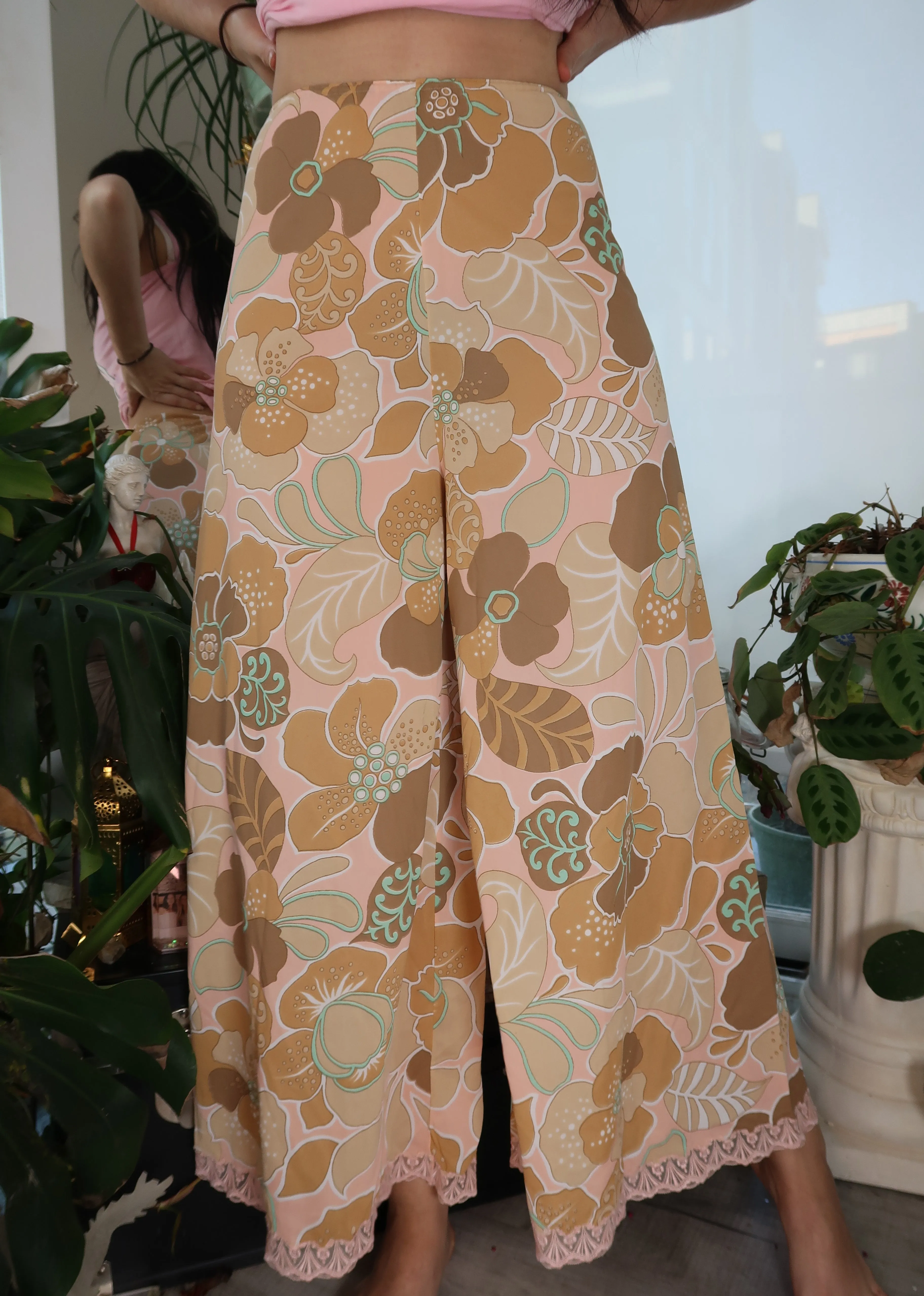 Vintage 1960s Floral High Waisted Wide Leg Pants with Lace Trim