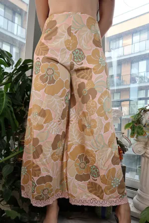 Vintage 1960s Floral High Waisted Wide Leg Pants with Lace Trim
