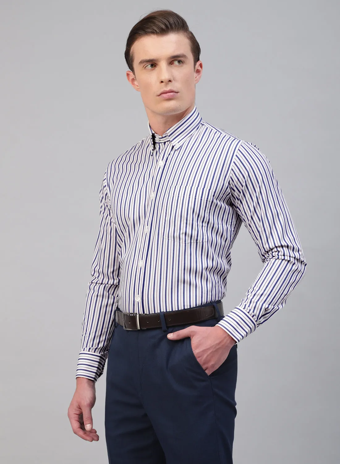 White & Blue Cotton Button Down Stripe Formal Shirt