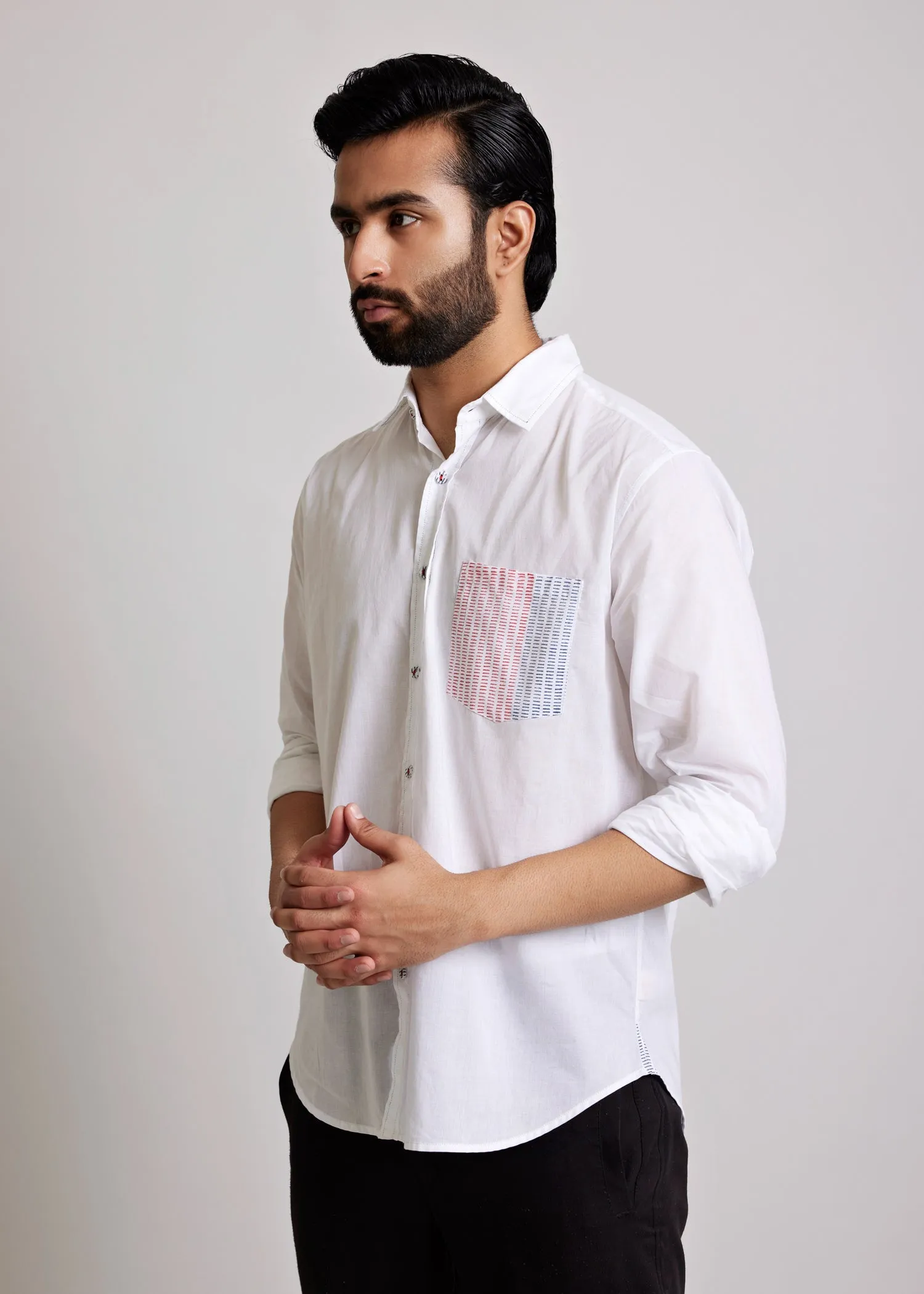 White Regular Cotton Dual Colour Dashes Full Sleeve Shirt