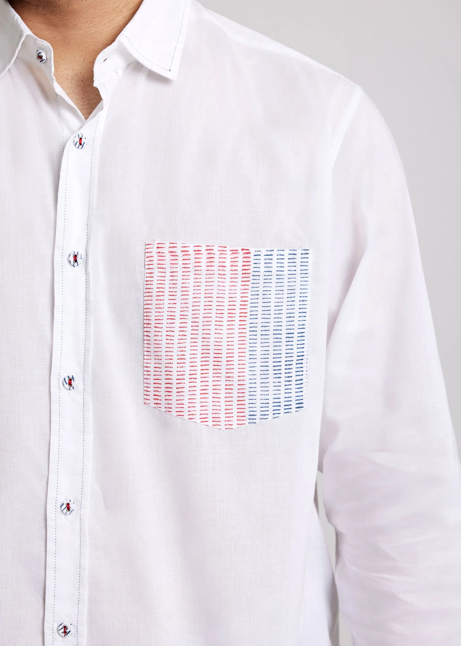White Regular Cotton Dual Colour Dashes Full Sleeve Shirt