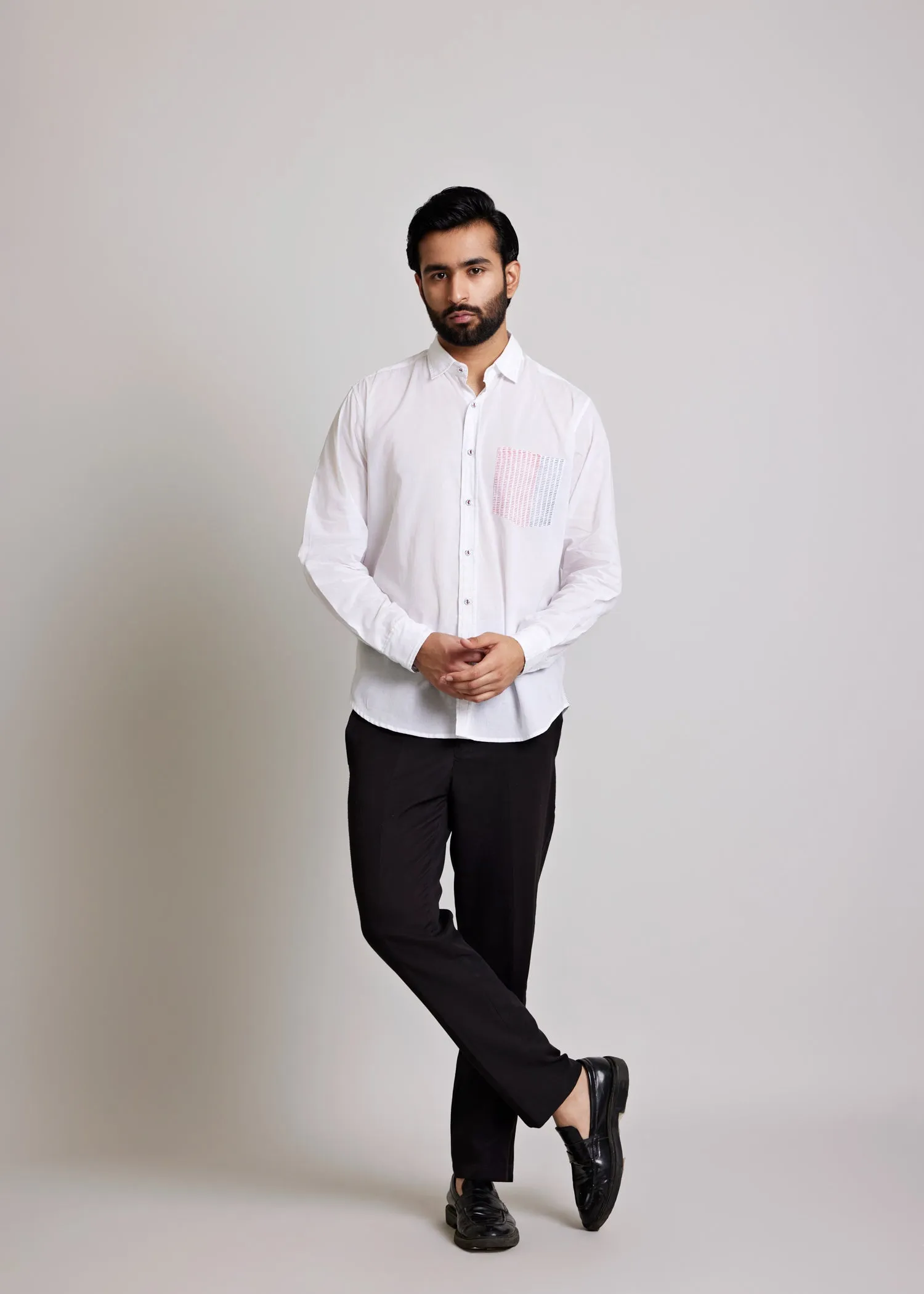 White Regular Cotton Dual Colour Dashes Full Sleeve Shirt