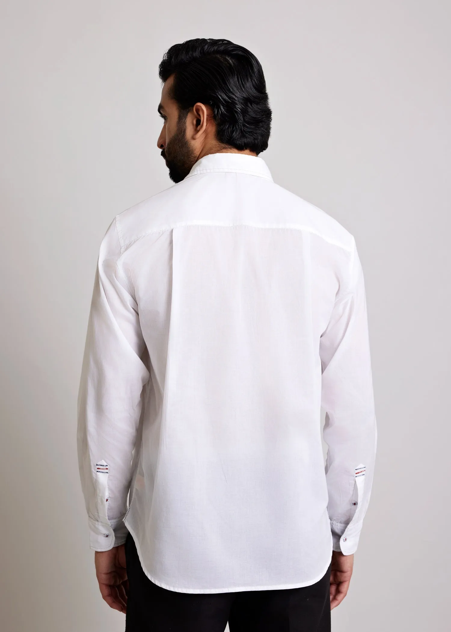 White Regular Cotton Dual Colour Dashes Full Sleeve Shirt