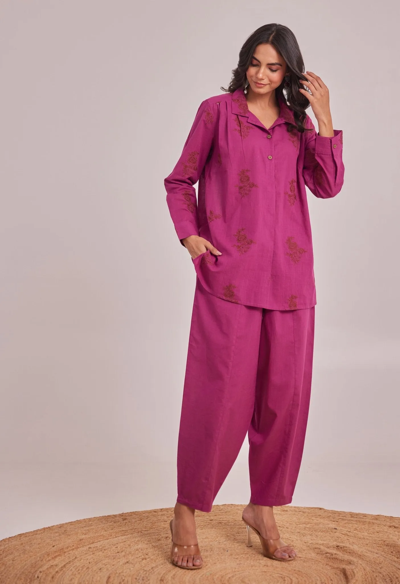WINE EMBROIDERED CO-ORD SET LOOSE FIT