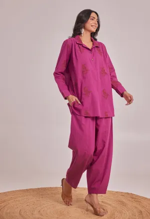 WINE EMBROIDERED CO-ORD SET LOOSE FIT