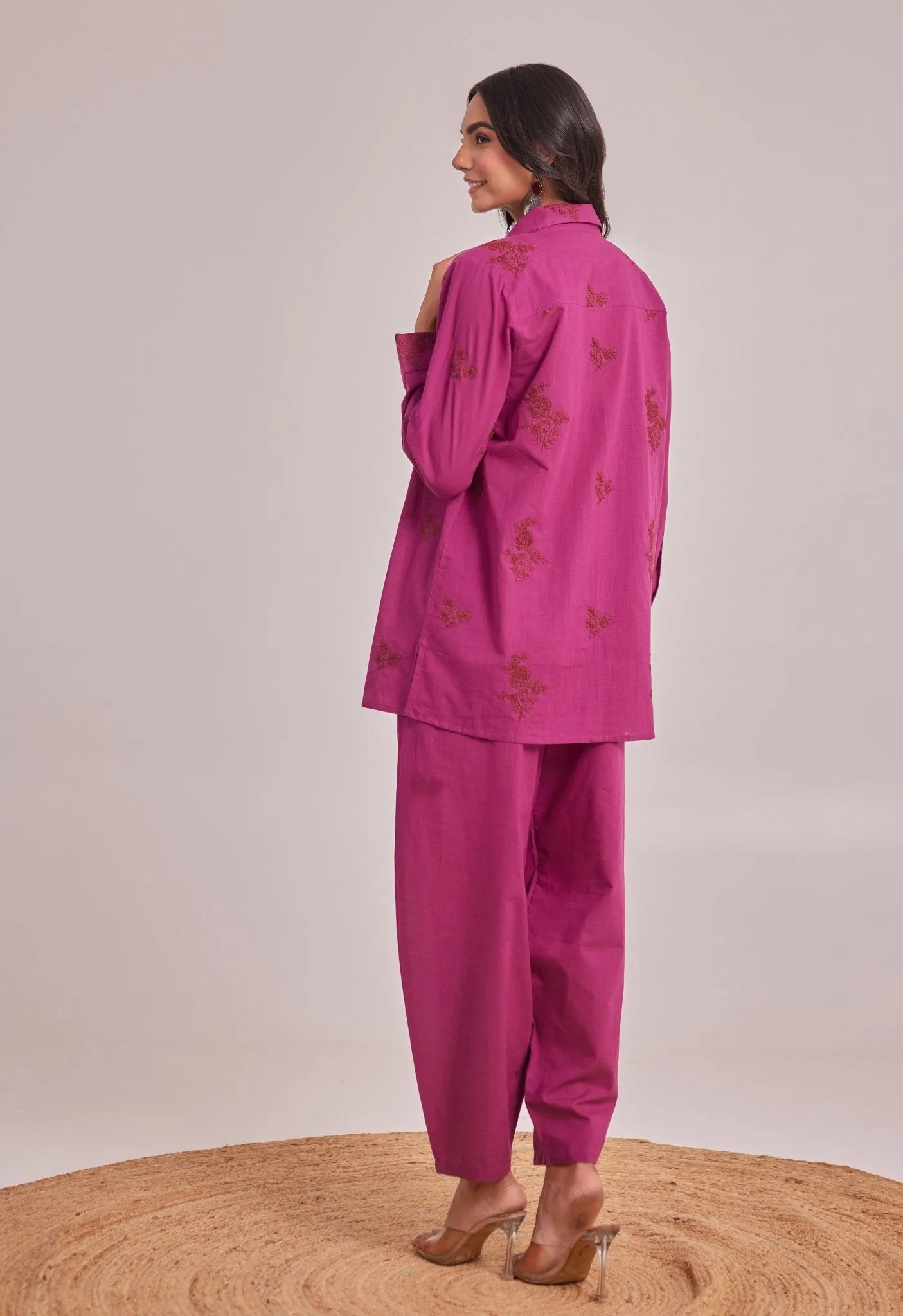 WINE EMBROIDERED CO-ORD SET LOOSE FIT