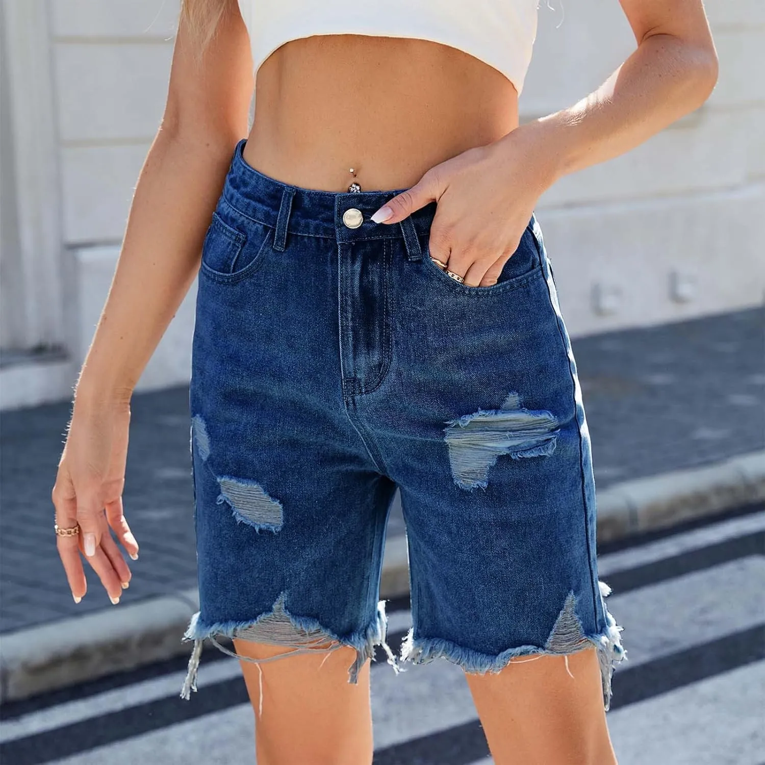 Women Distressed Ripped Jeans Shorts High Waisted Denim Y2K Hip-Hop Summer Frayed Raw Hem Bermuda Short Pants Streetwear