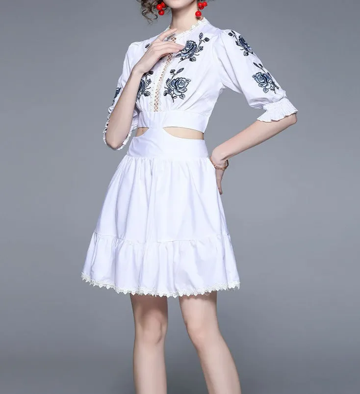 Women Embroidered Puff Sleeves Chic Temperament Lace Mini Dress