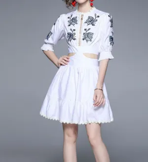 Women Embroidered Puff Sleeves Chic Temperament Lace Mini Dress