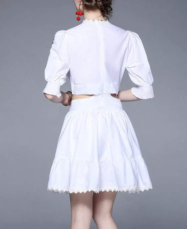 Women Embroidered Puff Sleeves Chic Temperament Lace Mini Dress