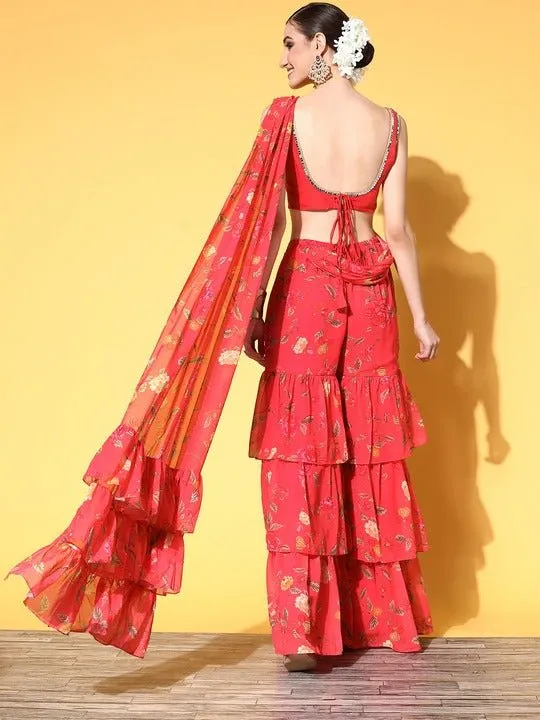 Women Pink Floral Printed Sharara Drape Ruffle Saree with Blouse Piece