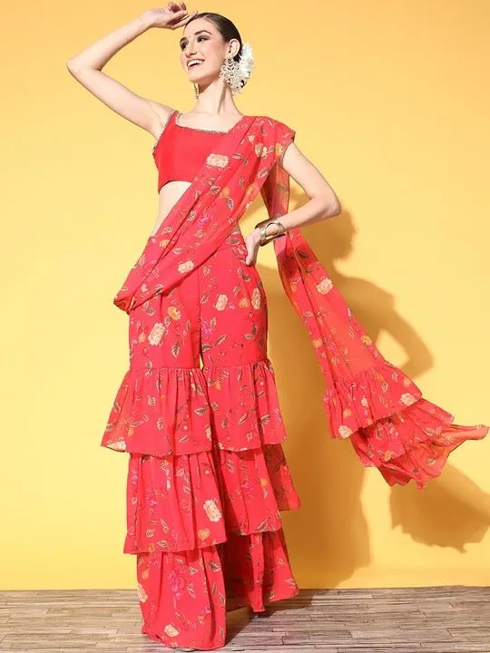 Women Pink Floral Printed Sharara Drape Ruffle Saree with Blouse Piece