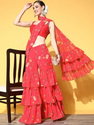 Women Pink Floral Printed Sharara Drape Ruffle Saree with Blouse Piece