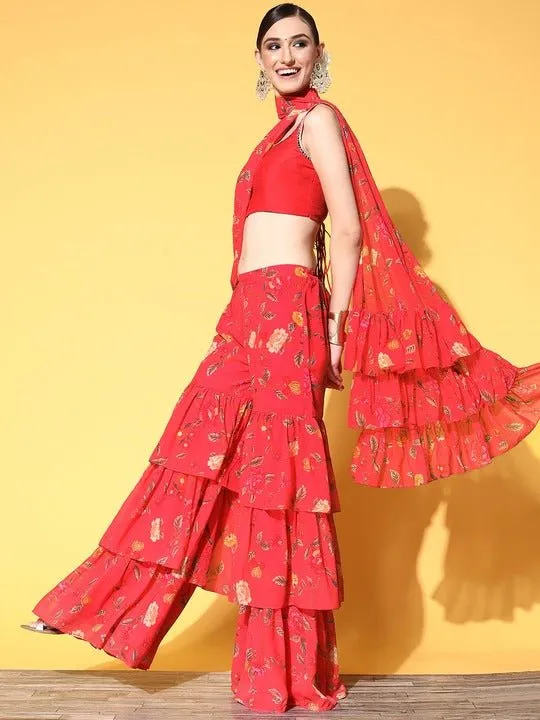 Women Pink Floral Printed Sharara Drape Ruffle Saree with Blouse Piece