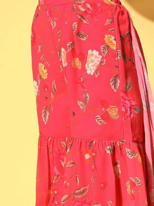 Women Pink Floral Printed Sharara Drape Ruffle Saree with Blouse Piece