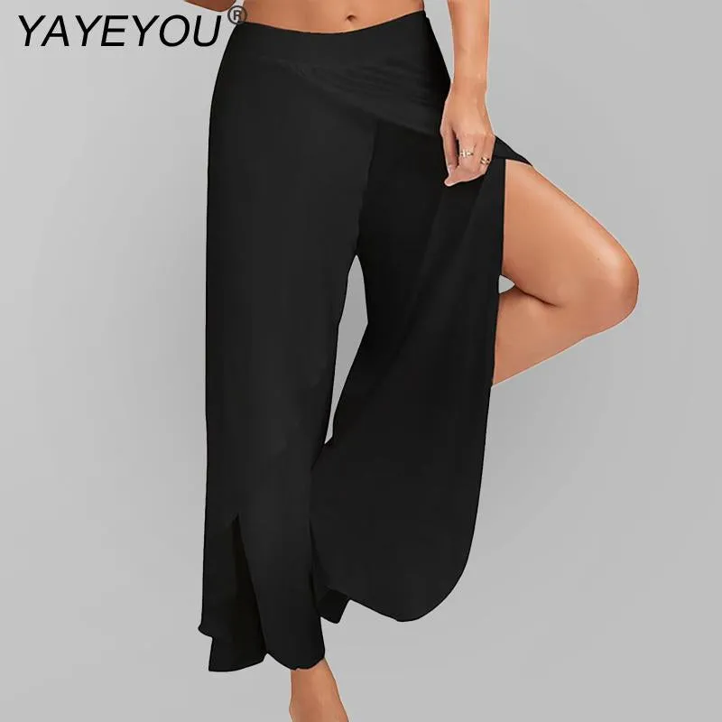 Women Split Mid Waist Wide Leg Flowy Long Loose Harem Pants