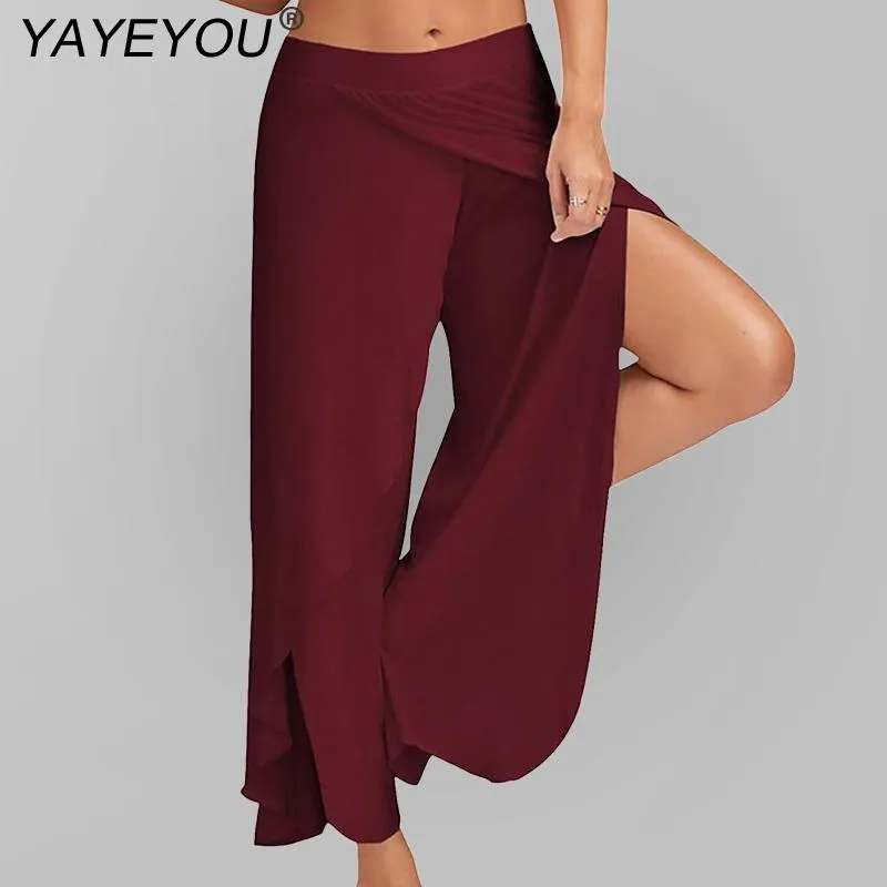 Women Split Mid Waist Wide Leg Flowy Long Loose Harem Pants