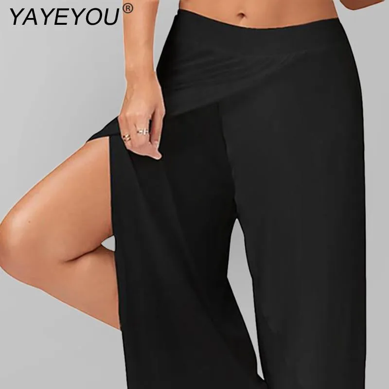 Women Split Mid Waist Wide Leg Flowy Long Loose Harem Pants