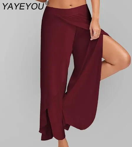 Women Split Mid Waist Wide Leg Flowy Long Loose Harem Pants