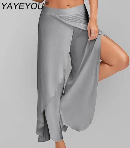 Women Split Mid Waist Wide Leg Flowy Long Loose Harem Pants