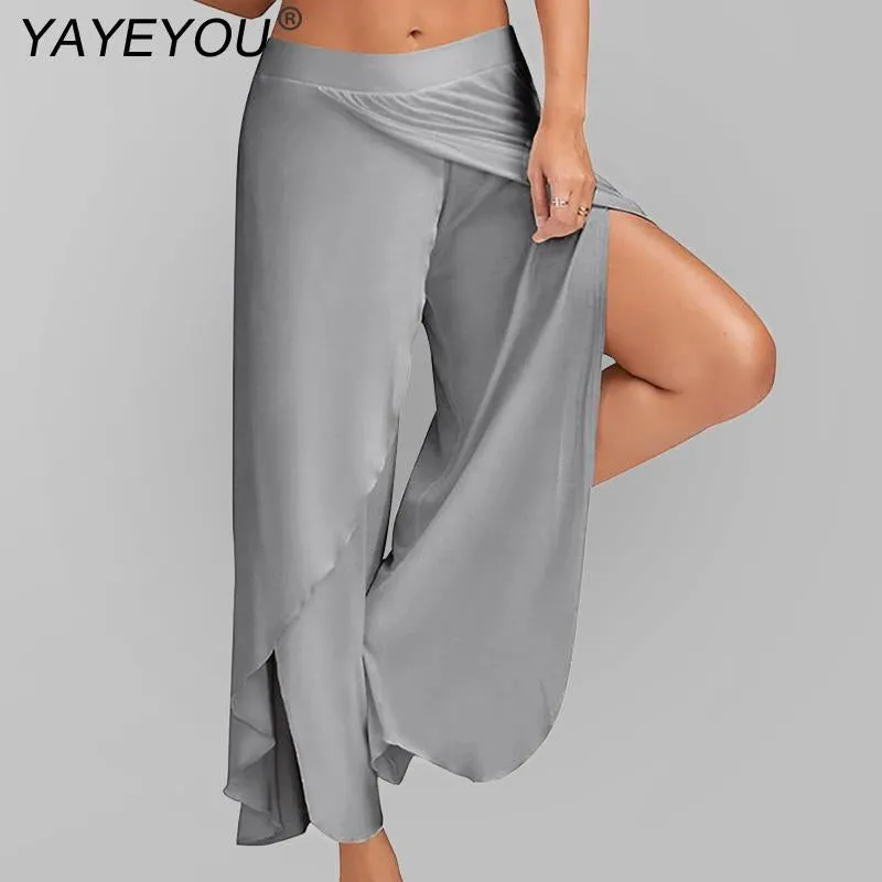 Women Split Mid Waist Wide Leg Flowy Long Loose Harem Pants