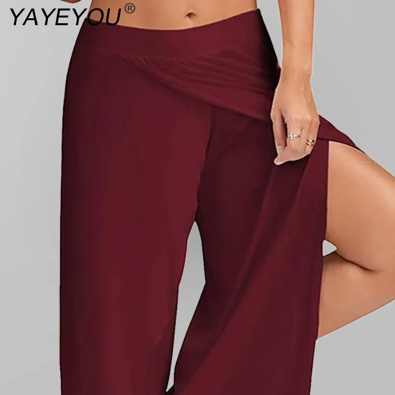 Women Split Mid Waist Wide Leg Flowy Long Loose Harem Pants