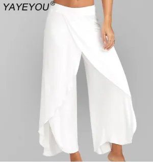 Women Split Mid Waist Wide Leg Flowy Long Loose Harem Pants