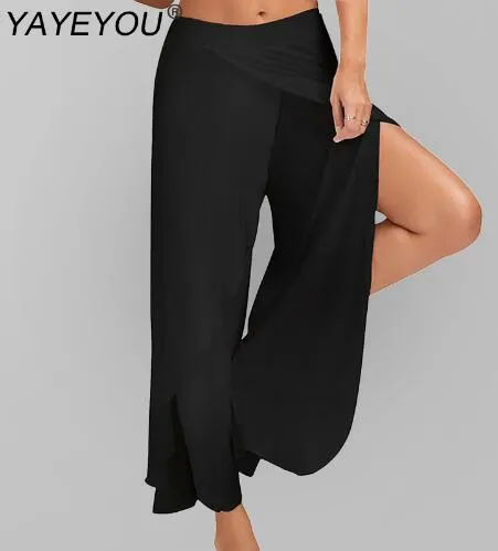 Women Split Mid Waist Wide Leg Flowy Long Loose Harem Pants