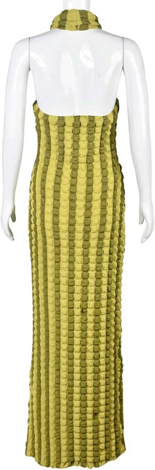 Womens Casual Sexy Halter Sleeveless Sundresses Bubble Textured Backless Prom Cocktail Maxi Dresses