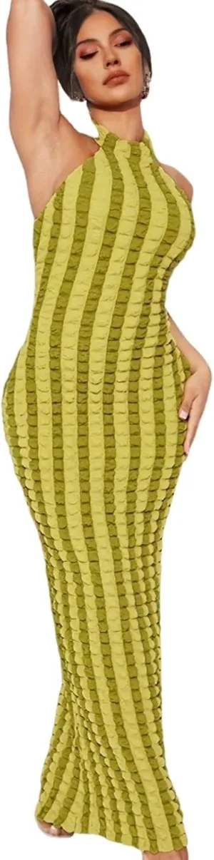 Womens Casual Sexy Halter Sleeveless Sundresses Bubble Textured Backless Prom Cocktail Maxi Dresses