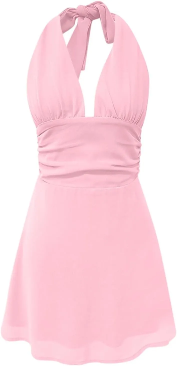 Womens Deep V Halter Mini Dress Bow Tie Sleeveless Backless Ruched Flowy Wrap Ruffle Hem Summer Bodycon Short Dresses