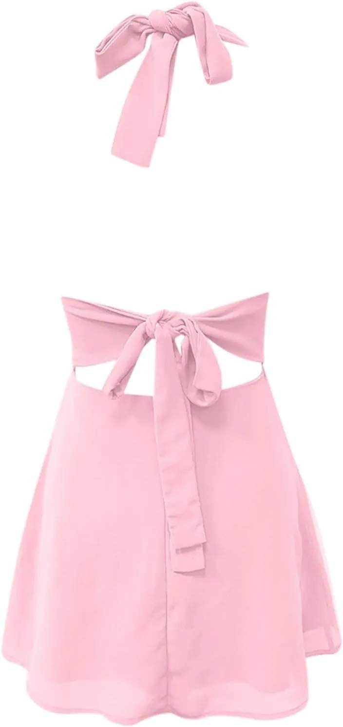 Womens Deep V Halter Mini Dress Bow Tie Sleeveless Backless Ruched Flowy Wrap Ruffle Hem Summer Bodycon Short Dresses