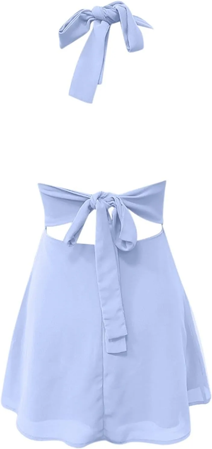 Womens Deep V Halter Mini Dress Bow Tie Sleeveless Backless Ruched Flowy Wrap Ruffle Hem Summer Bodycon Short Dresses