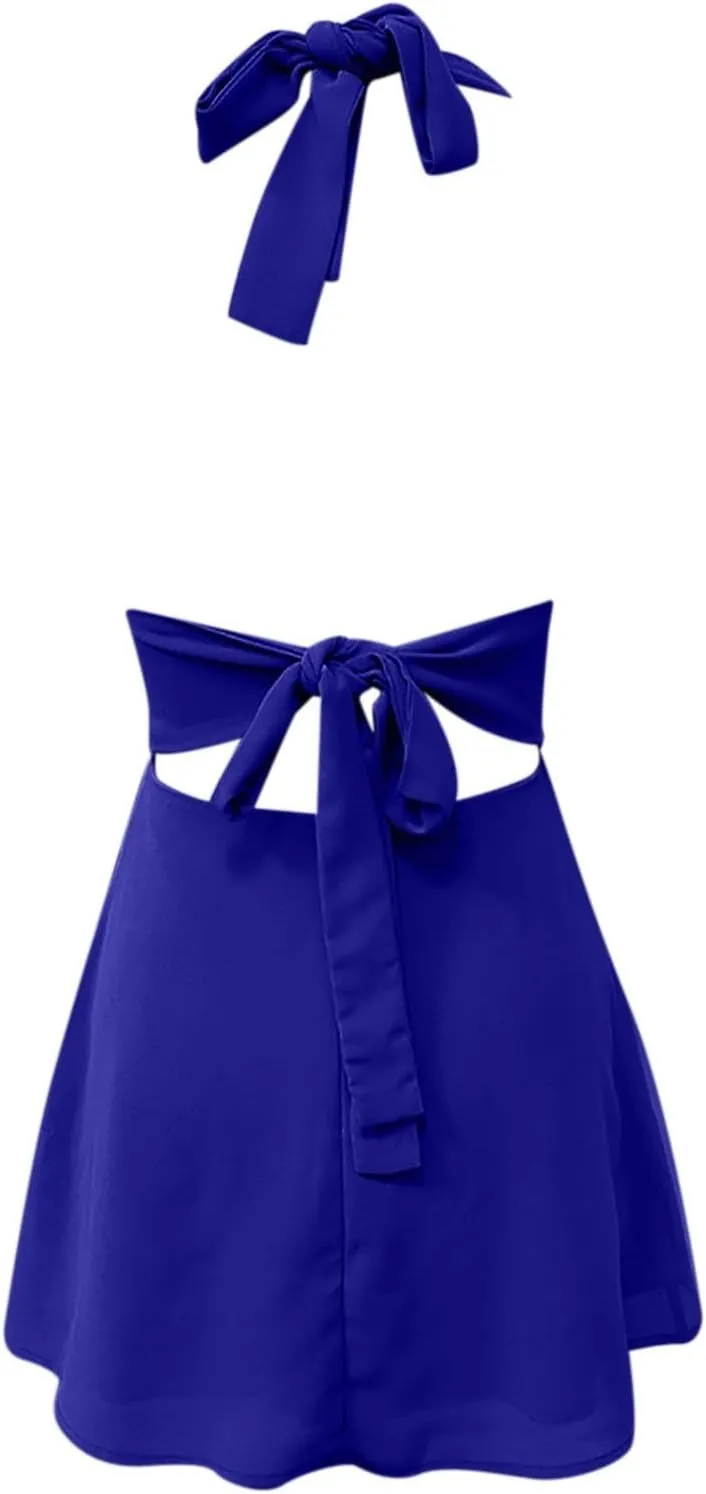 Womens Deep V Halter Mini Dress Bow Tie Sleeveless Backless Ruched Flowy Wrap Ruffle Hem Summer Bodycon Short Dresses