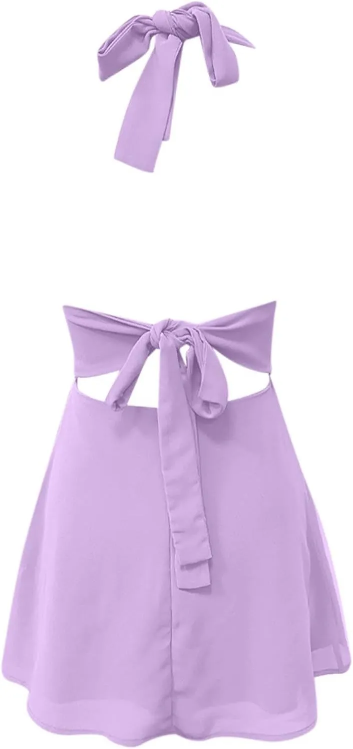 Womens Deep V Halter Mini Dress Bow Tie Sleeveless Backless Ruched Flowy Wrap Ruffle Hem Summer Bodycon Short Dresses