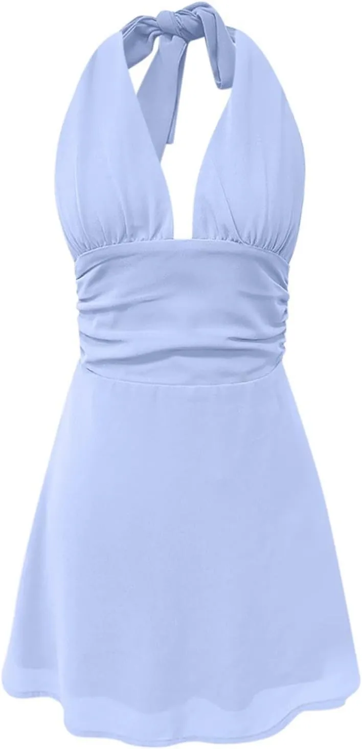 Womens Deep V Halter Mini Dress Bow Tie Sleeveless Backless Ruched Flowy Wrap Ruffle Hem Summer Bodycon Short Dresses