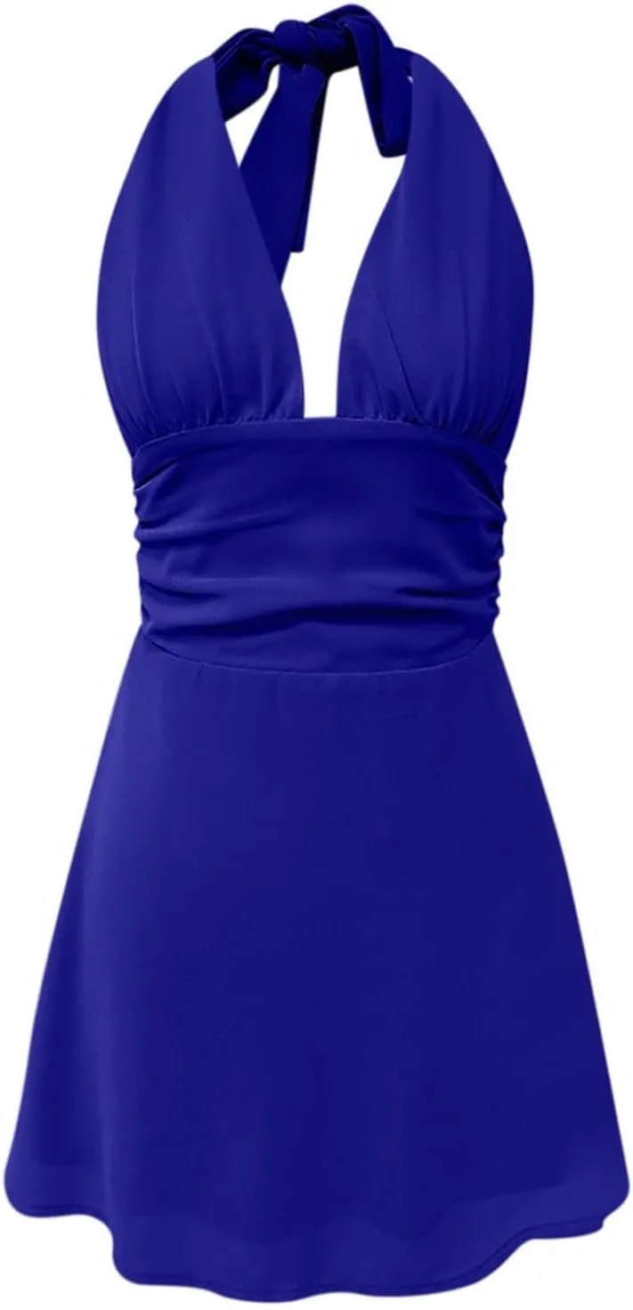 Womens Deep V Halter Mini Dress Bow Tie Sleeveless Backless Ruched Flowy Wrap Ruffle Hem Summer Bodycon Short Dresses