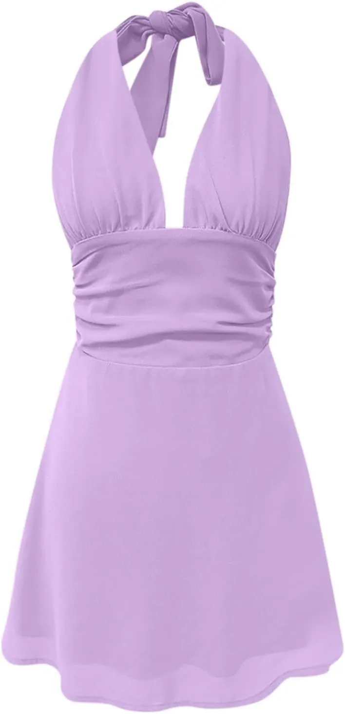 Womens Deep V Halter Mini Dress Bow Tie Sleeveless Backless Ruched Flowy Wrap Ruffle Hem Summer Bodycon Short Dresses
