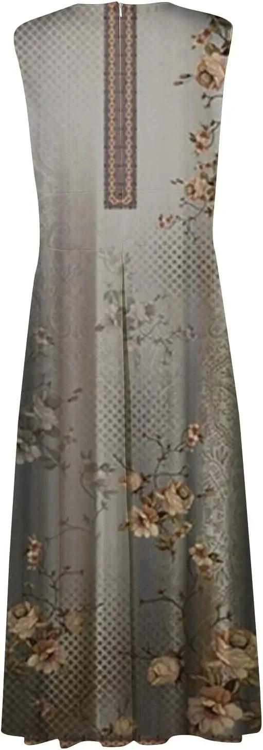 Womens Summer Dresses Floral Print Flowy Ruched Boho Dress Wrap V Neck Sleeveless Maxi Dress High Waist Sundress