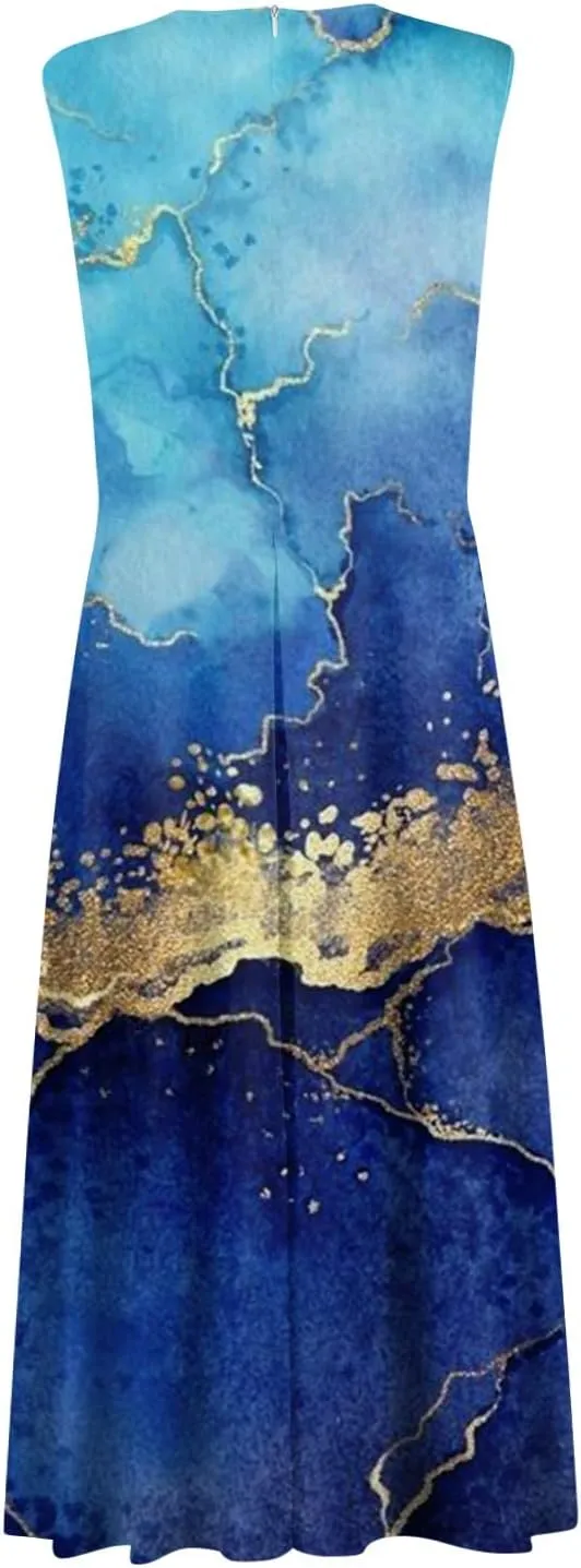 Womens Summer Dresses Floral Print Flowy Ruched Boho Dress Wrap V Neck Sleeveless Maxi Dress High Waist Sundress