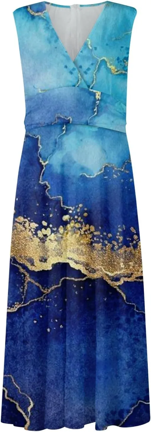 Womens Summer Dresses Floral Print Flowy Ruched Boho Dress Wrap V Neck Sleeveless Maxi Dress High Waist Sundress
