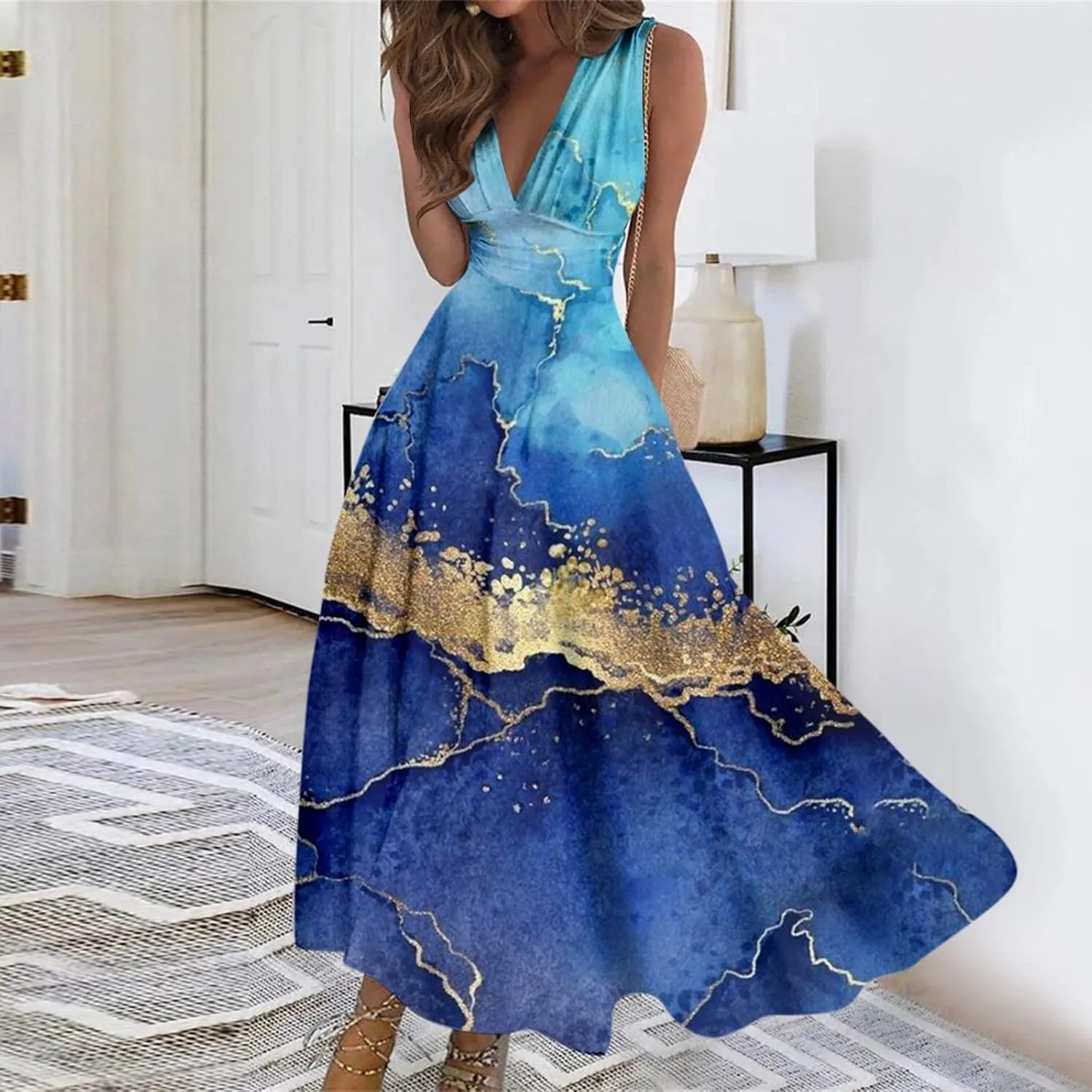 Womens Summer Dresses Floral Print Flowy Ruched Boho Dress Wrap V Neck Sleeveless Maxi Dress High Waist Sundress