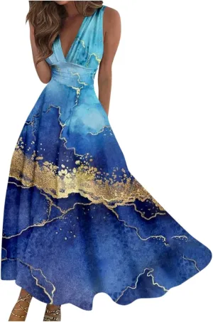 Womens Summer Dresses Floral Print Flowy Ruched Boho Dress Wrap V Neck Sleeveless Maxi Dress High Waist Sundress