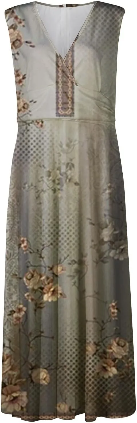 Womens Summer Dresses Floral Print Flowy Ruched Boho Dress Wrap V Neck Sleeveless Maxi Dress High Waist Sundress