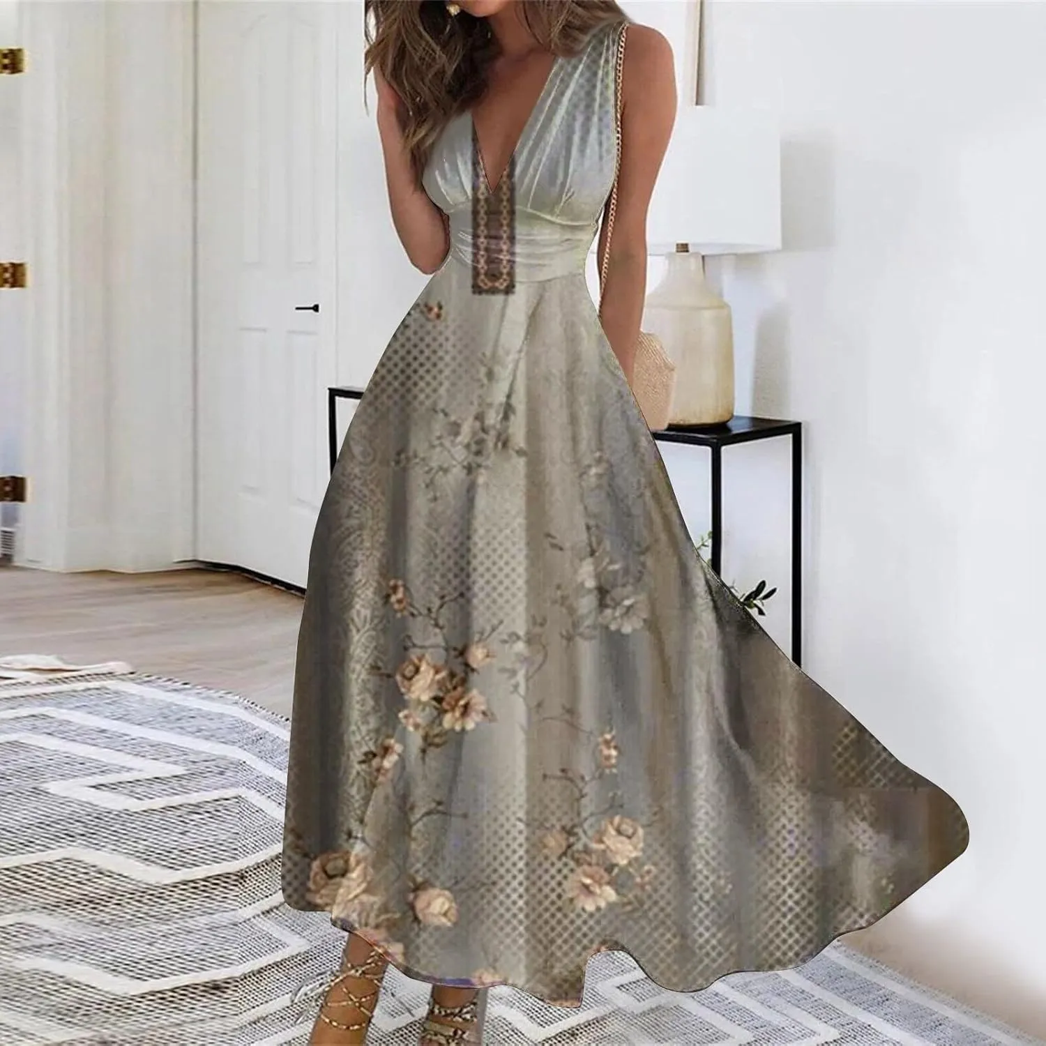 Womens Summer Dresses Floral Print Flowy Ruched Boho Dress Wrap V Neck Sleeveless Maxi Dress High Waist Sundress