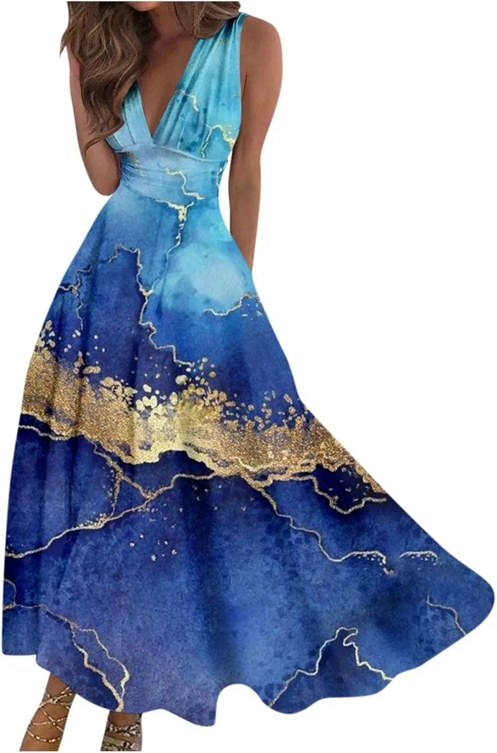 Womens Summer Dresses Floral Print Flowy Ruched Boho Dress Wrap V Neck Sleeveless Maxi Dress High Waist Sundress